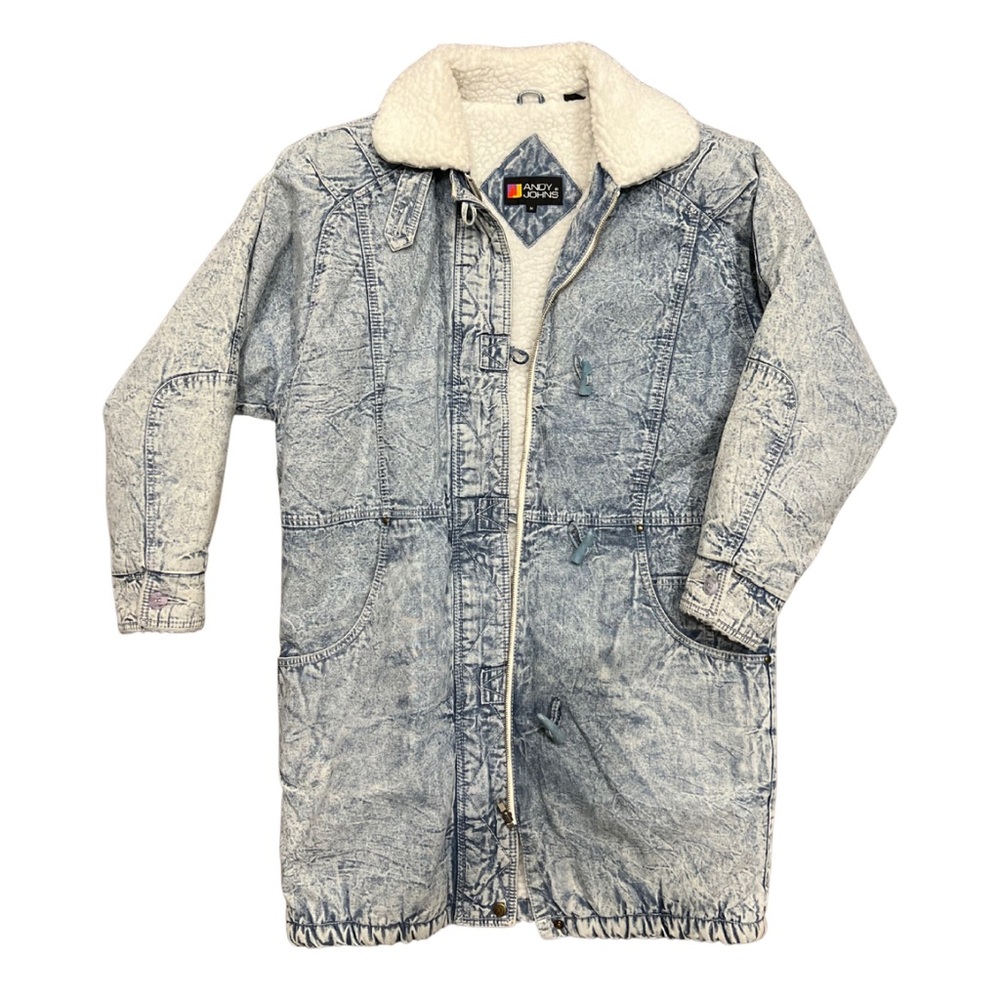 Vintage Andy Johns Acid Wash Denim Coat | 1980s Sherpa-Lined | Medium